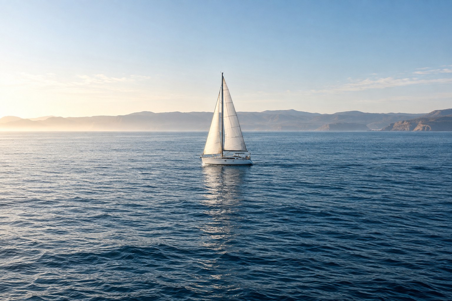 A sailboat moving across open blue water